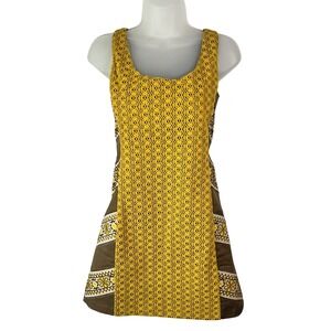 Judith March Mini Dress Yellow‎ Brown Embroidered Crocheted Size Small